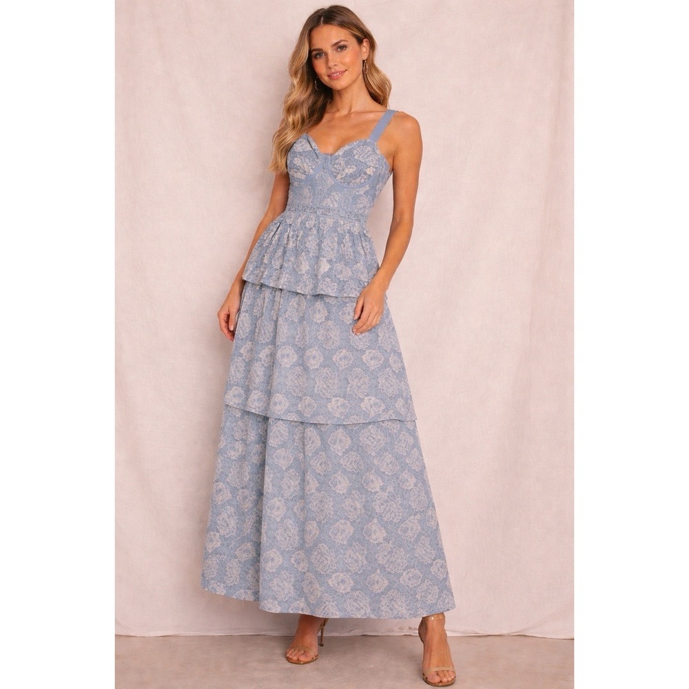 NWT‎ $495 GiGi James Boutique [ Small ] Lace Tiered Midi Dress in Blue #Q1280